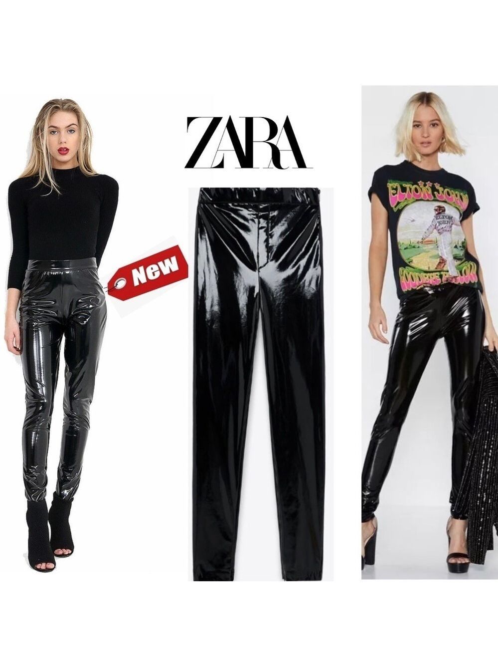 Zara black vinyl high-rise leggings pants Sz XL NWT